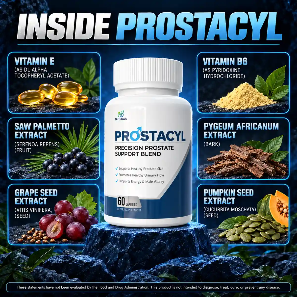 The vendor's Inside Prostacyl graphic naming six of the nine actives