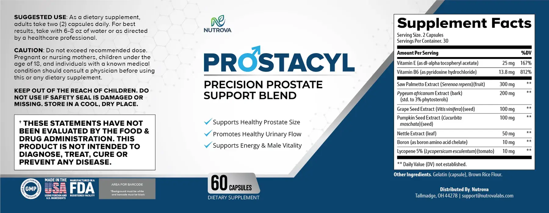 The flat Prostacyl label artwork showing the Supplement Facts panel